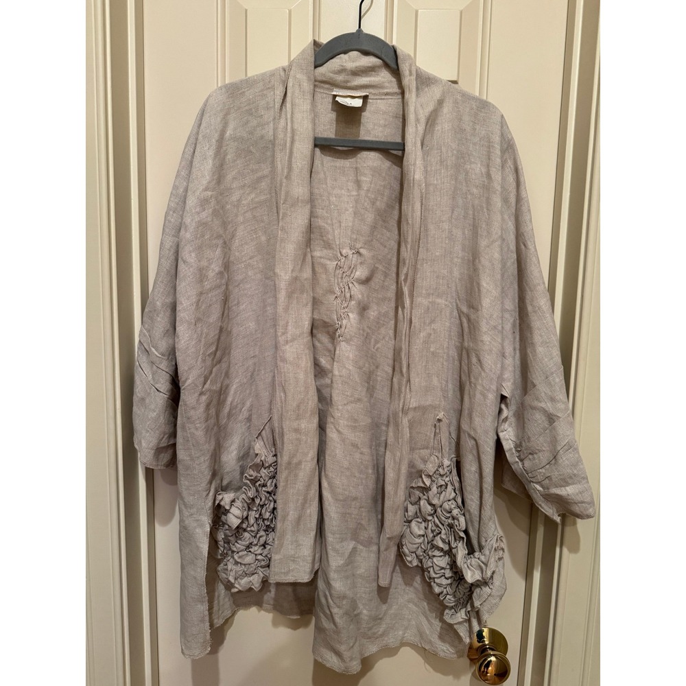 Linda Lundstrom Linen Cardigan Women 4 Beige Ruffle‎ Pocket Kimono Jacket Canada